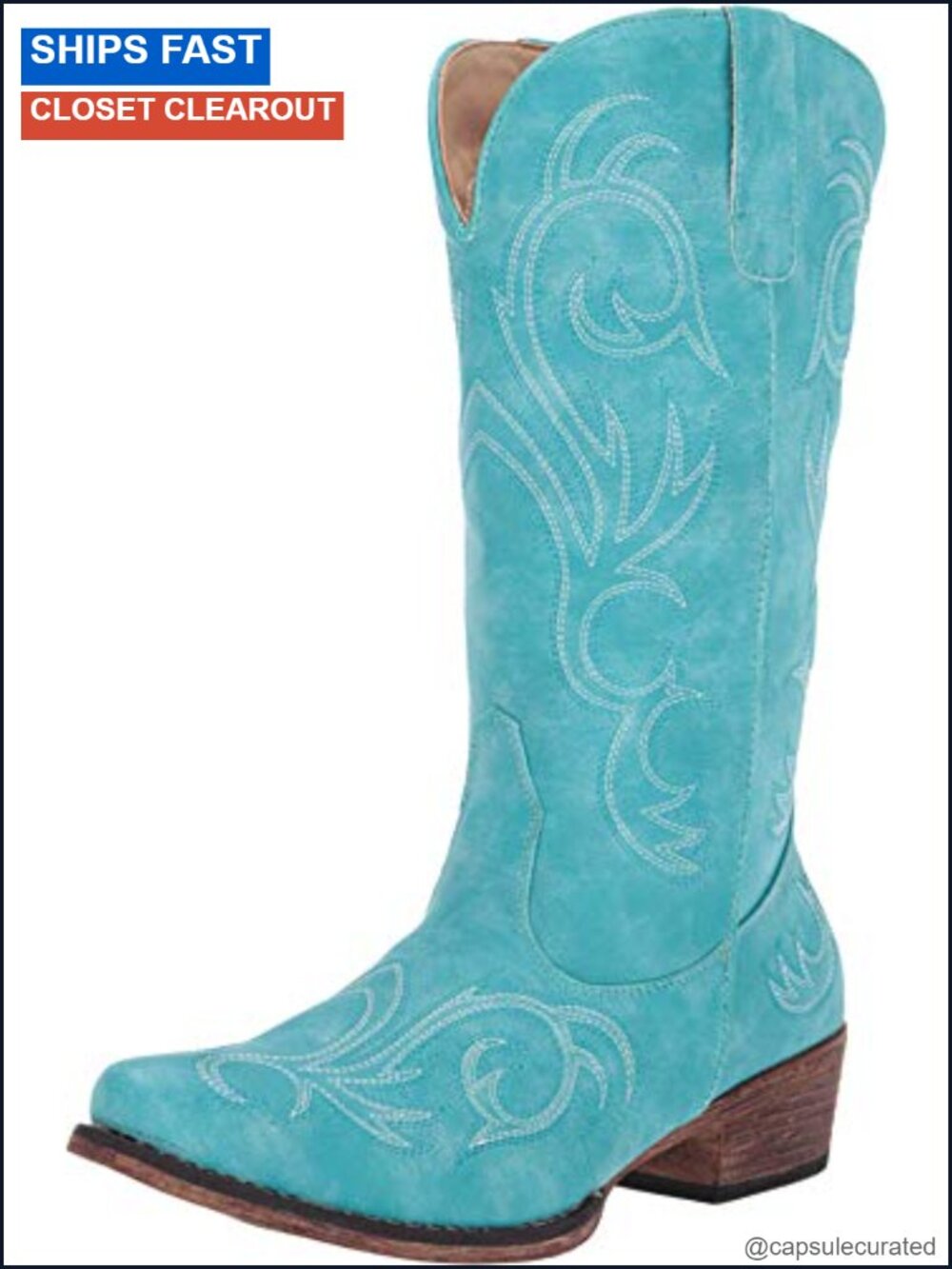 Faux Leather Western Embroidered Mid Calf Pull On Boots, Low Heel